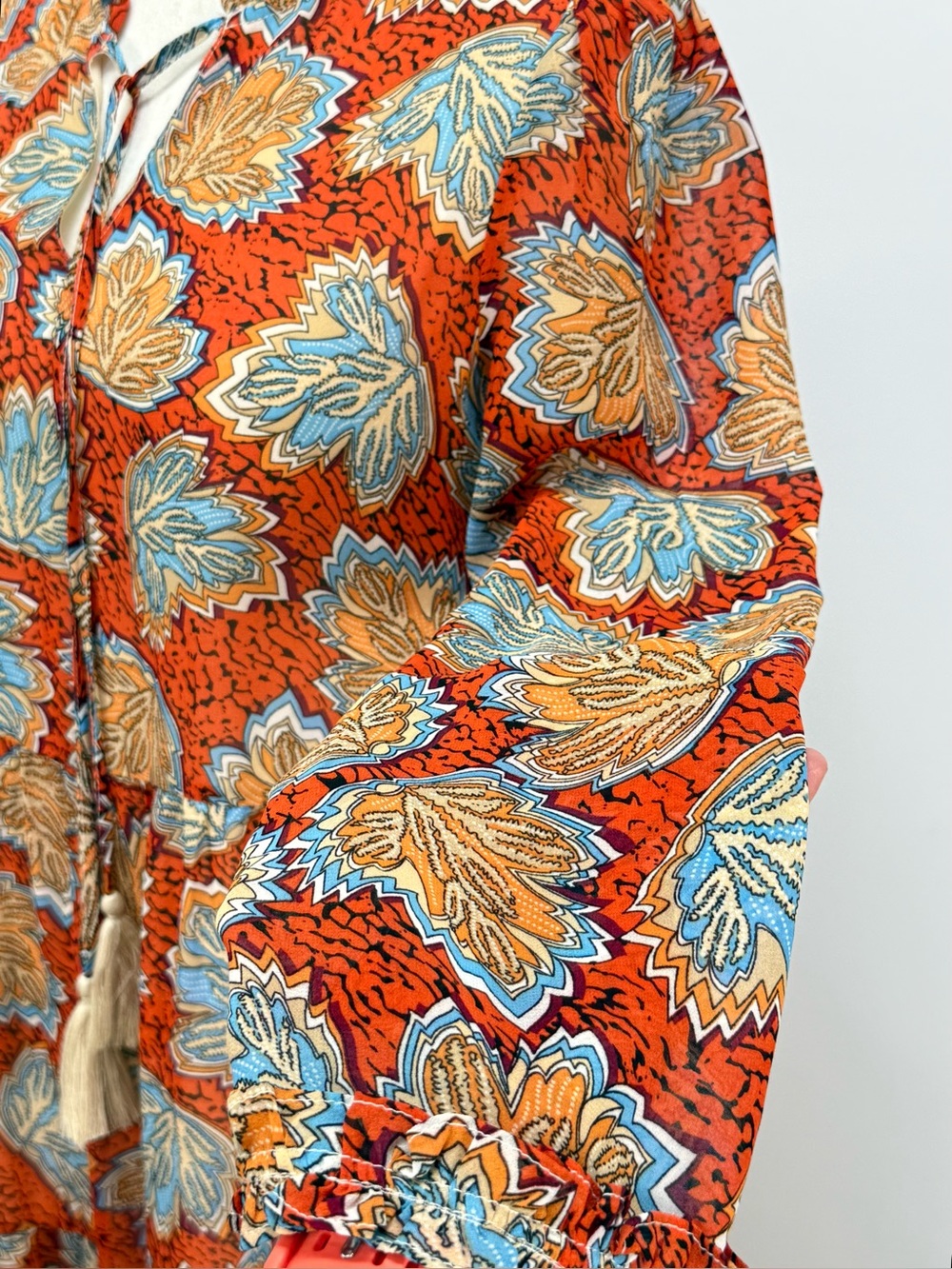 THML Rust Orange Floral Tassel-Front Long Sleeve tiered mini Dress size S - Picture 4 of 13